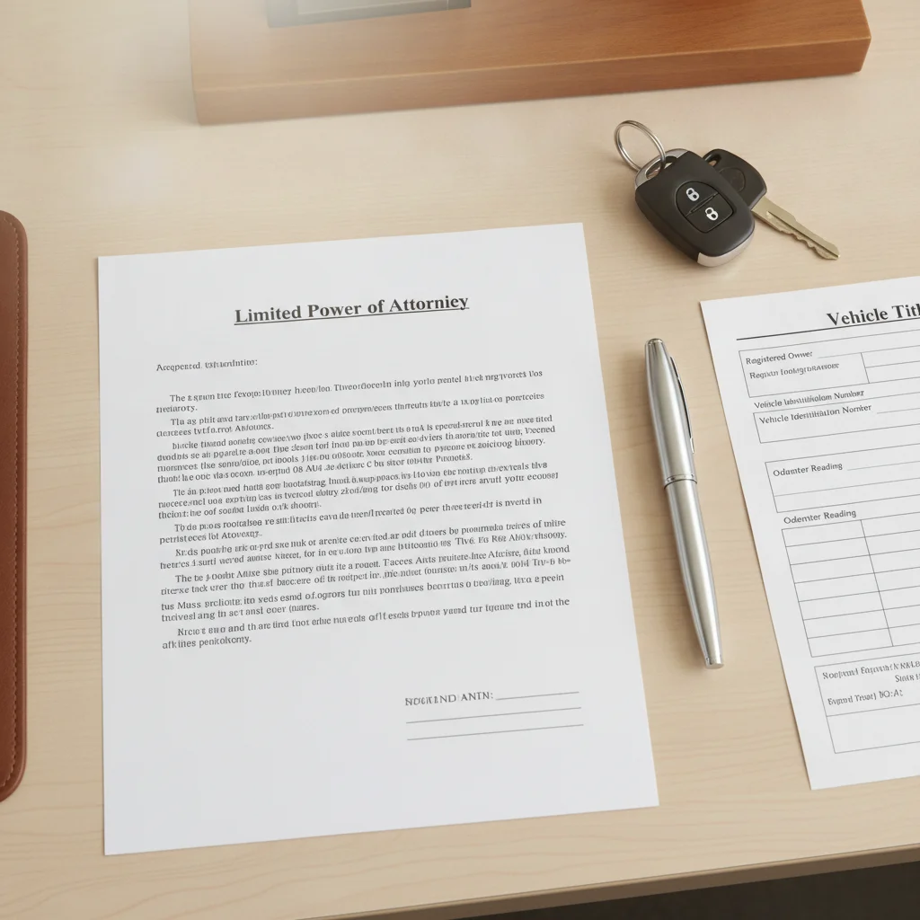 Overhead view of a limited power of attorney document beside a vehicle title form and car keys on a dealership desk