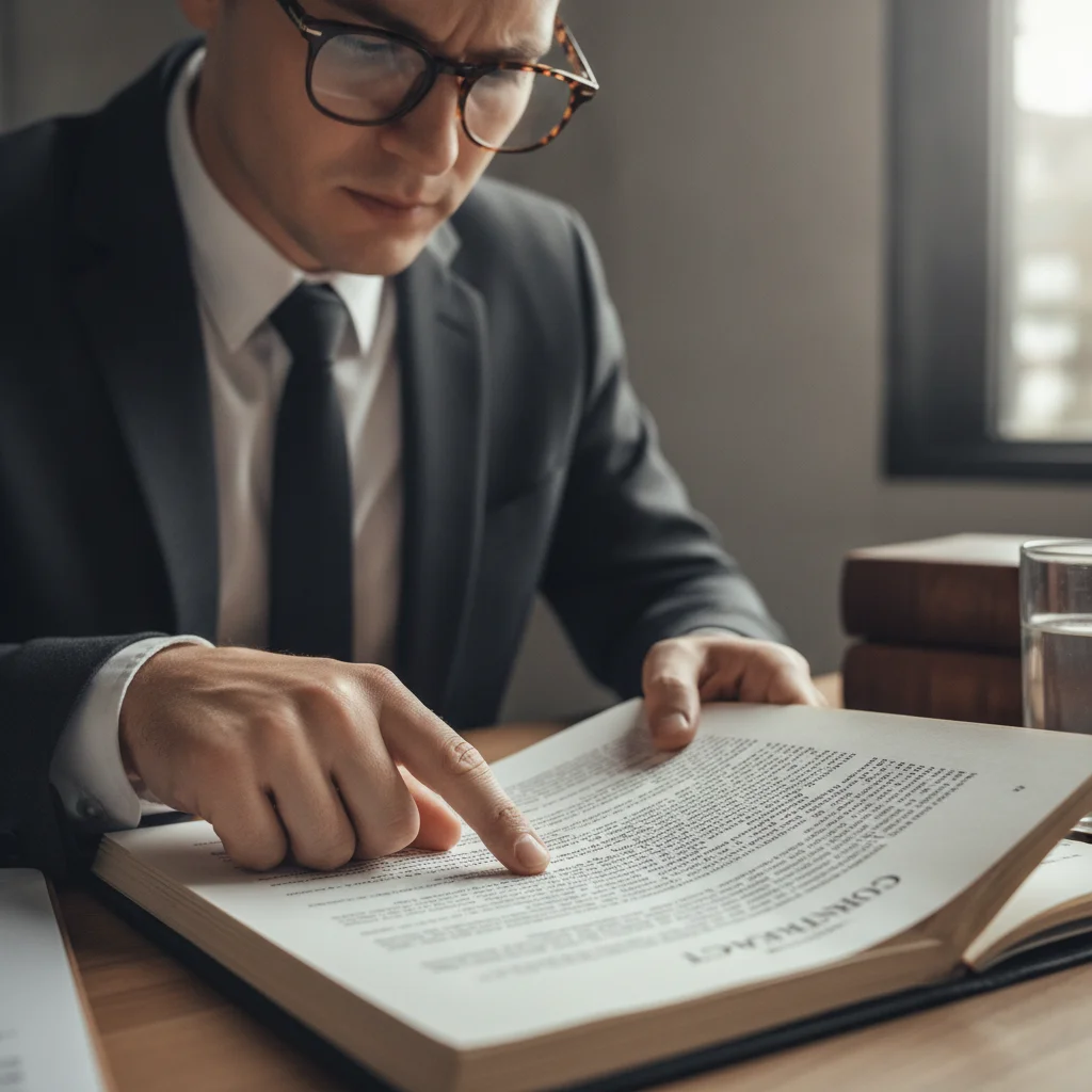 Person carefully reading and tracing text in a legal contract document before signing