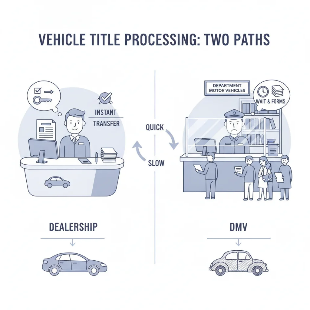 Split illustration comparing dealership trade-in title processing and DMV counter for private vehicle title transfer