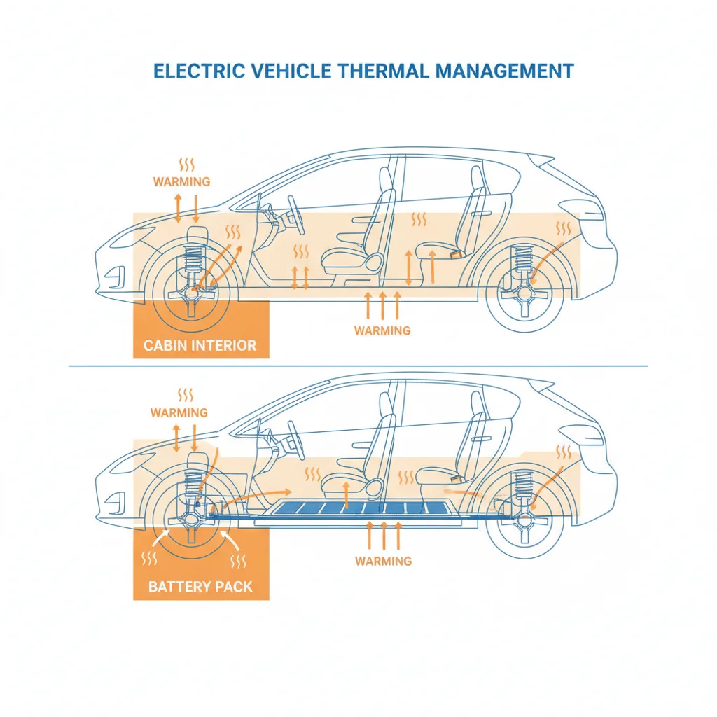 Diagram illustrating cabin and battery pack pre-conditioning zones in an electric vehicle cross-section