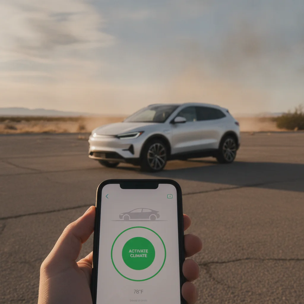 Smartphone displaying EV climate app while the car sits in a hot sunny parking lot