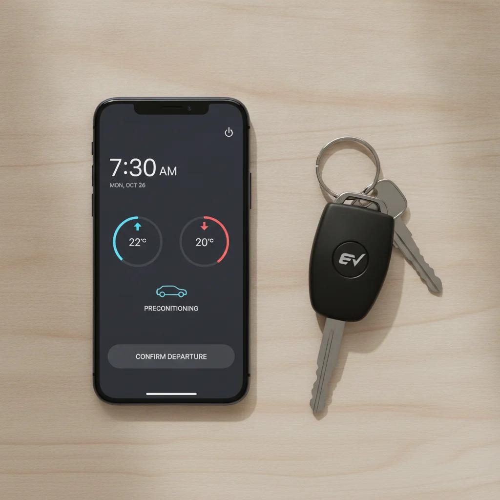 Smartphone showing an EV departure timer and temperature scheduling screen next to car keys