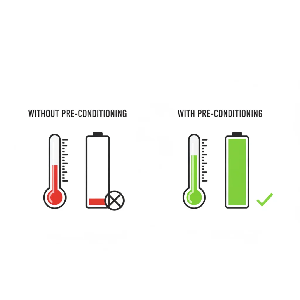 Infographic comparing EV battery state of charge with and without pre-conditioning in cold weather