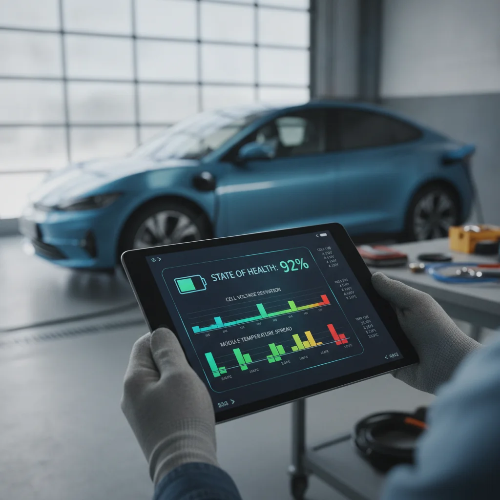 Hands holding a tablet showing EV battery diagnostic state of health data at a parked vehicle