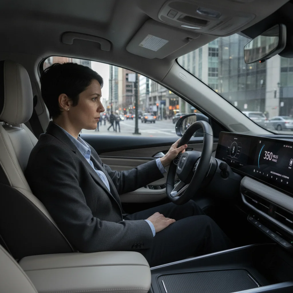 Driver observing the range display on an electric vehicle dashboard during a test drive