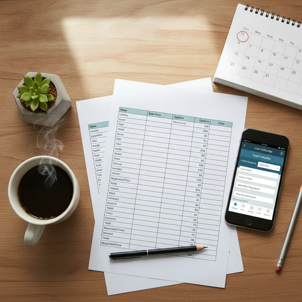 Desk with car pricing spreadsheet, loan calculator on phone, and calendar with circled dates.