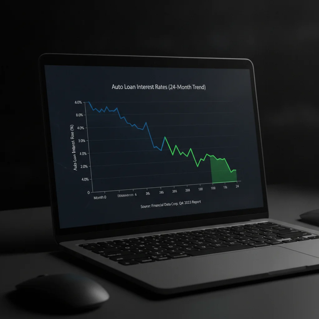 Laptop screen showing a downward-trending auto loan interest rate graph over 24 months.