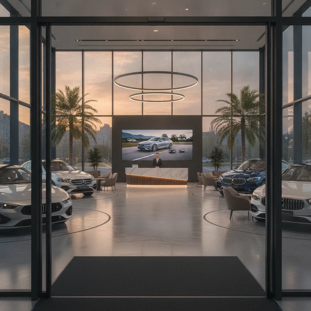 Car dealership showroom interior with multiple vehicles on display and a salesperson at a desk.