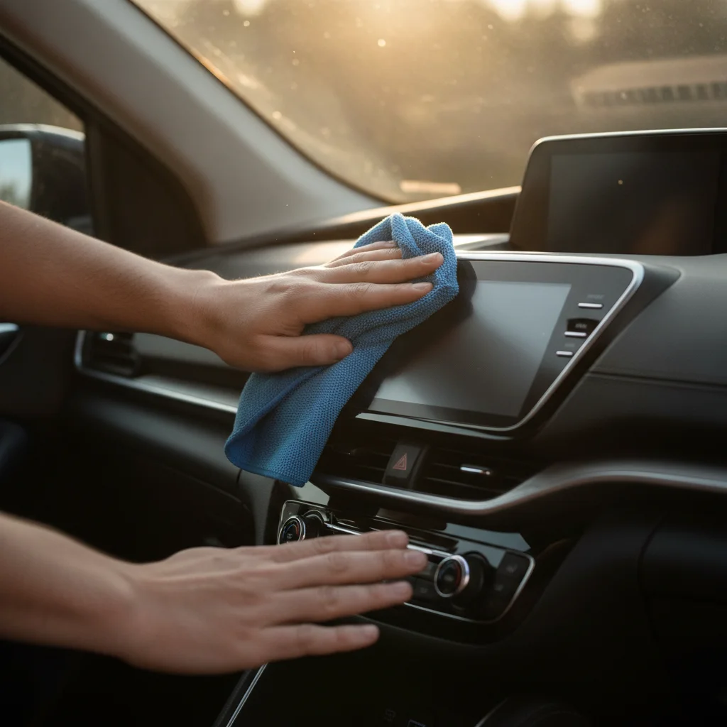 Hands wiping a car dashboard with a microfiber cloth in a clean sunlit vehicle interior