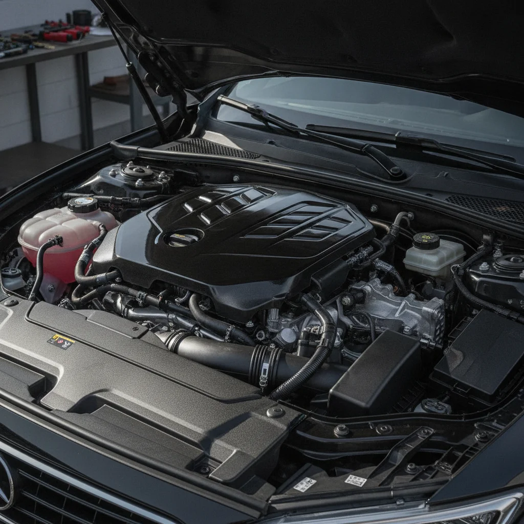 An organized and clean car engine bay with visible fluid reservoirs and tidy components