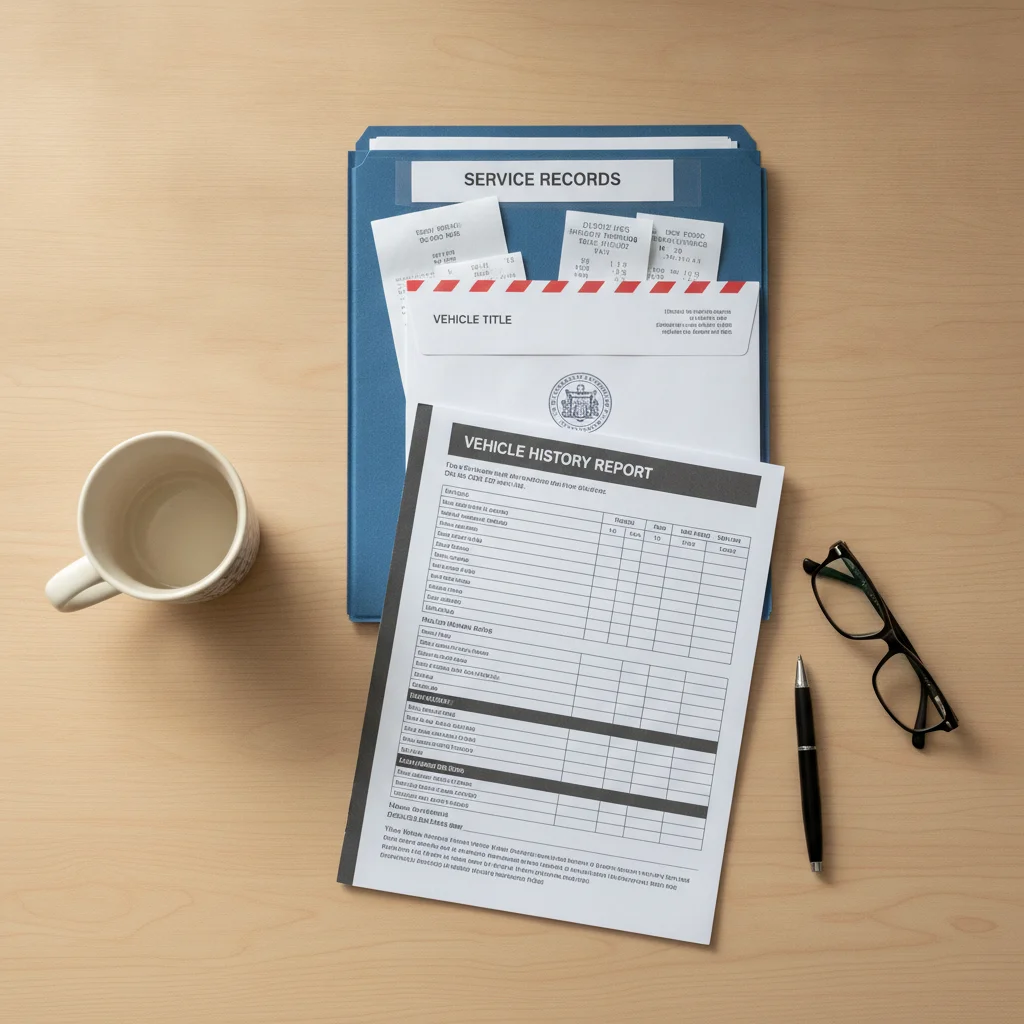 Organized stack of car service records, vehicle title, and vehicle history report on a desk