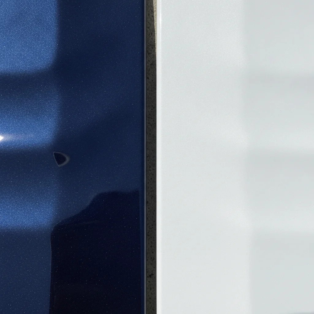 Close-up of dark navy car paint next to white car paint showing different surface characteristics.