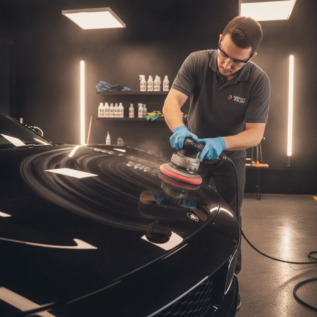 A detailer using a dual-action polisher on a black car hood to remove swirl marks in a garage.