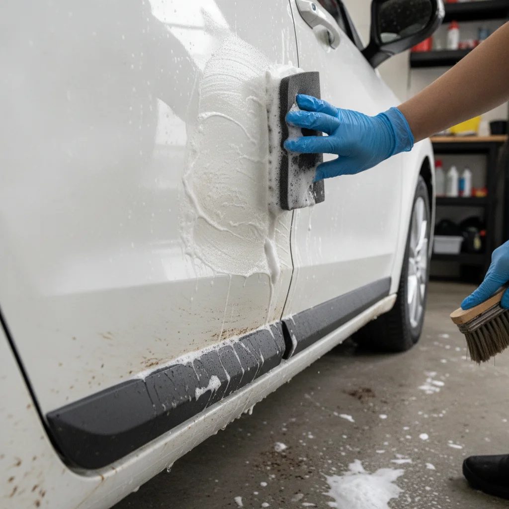 Lower door panel of a white car being cleaned with a brush to remove embedded road grime and staining.