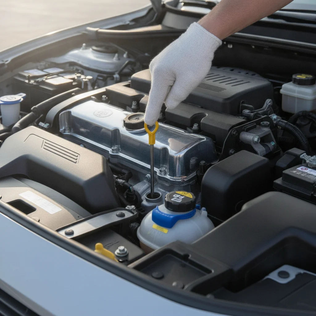Hand pointing to engine oil dipstick in a vehicle engine bay during a pre-trip safety check