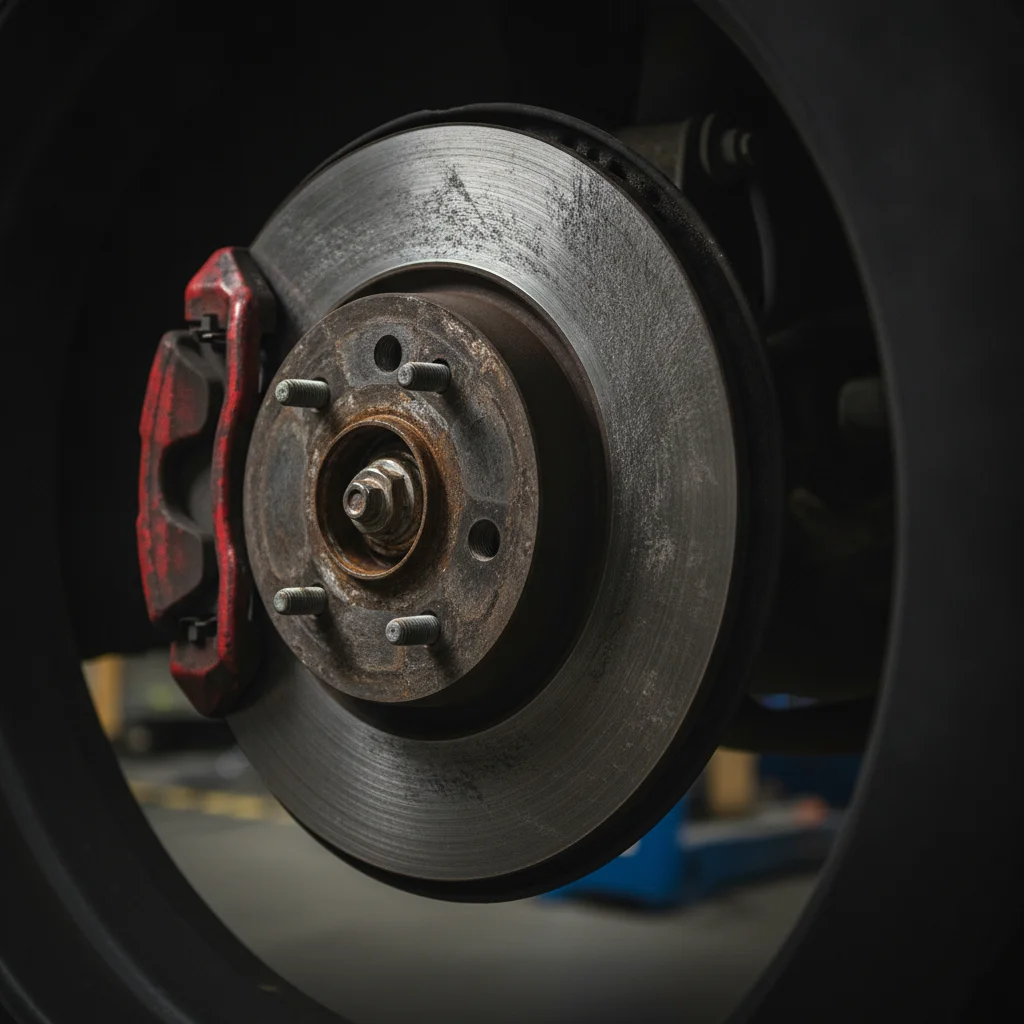 Worn brake rotor with visible scoring seen through the spokes of a car wheel