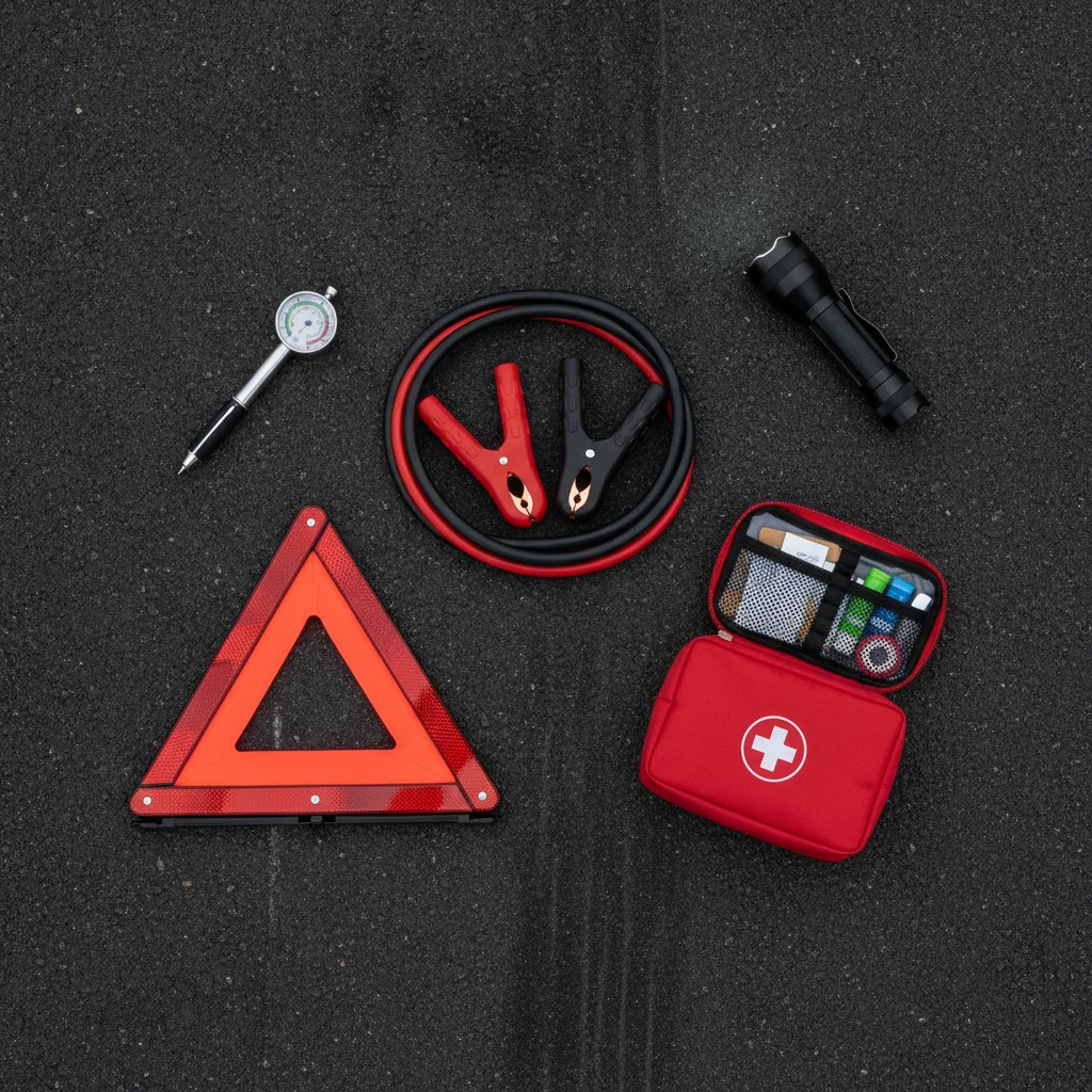 Flat lay of vehicle emergency kit items including tire gauge, jumper cables, reflective triangle, and flashlight
