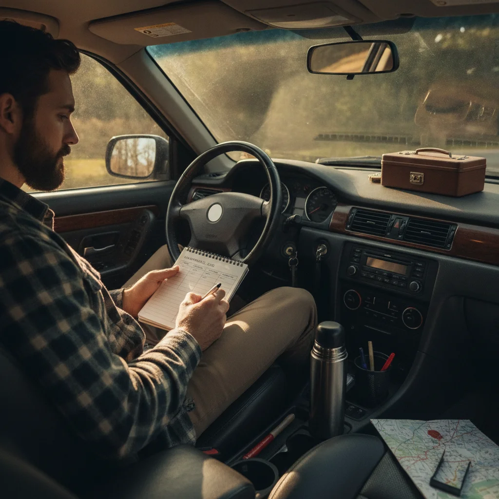 Driver writing in a vehicle maintenance log while seated in car cabin before a road trip