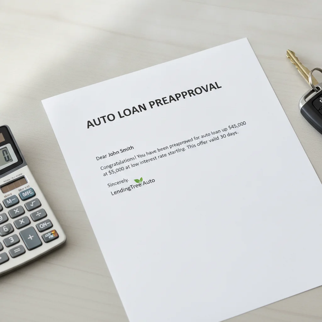 Printed auto loan preapproval letter placed next to car keys and a financial calculator on a desk