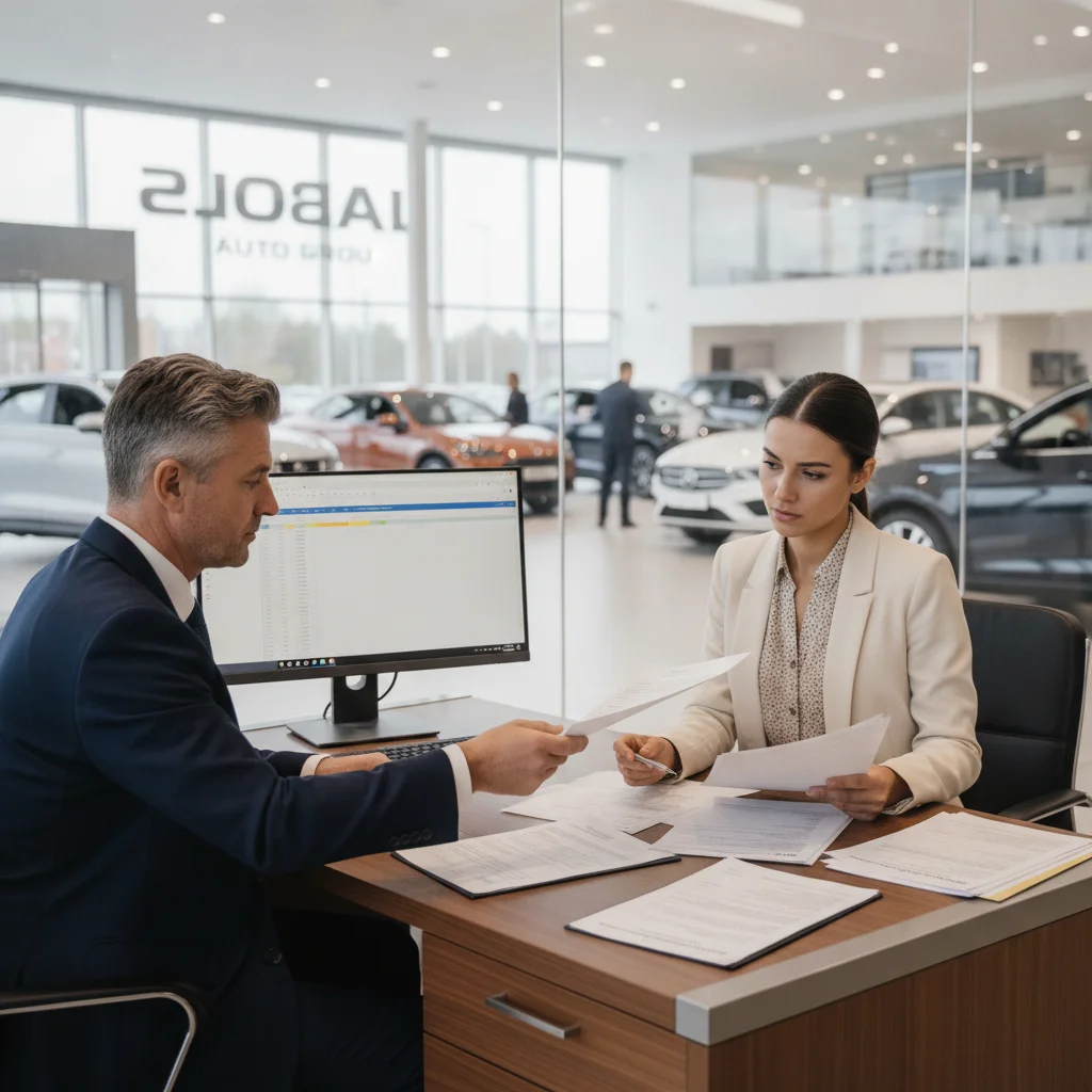Buyer and finance manager reviewing loan documents at a dealership finance office desk