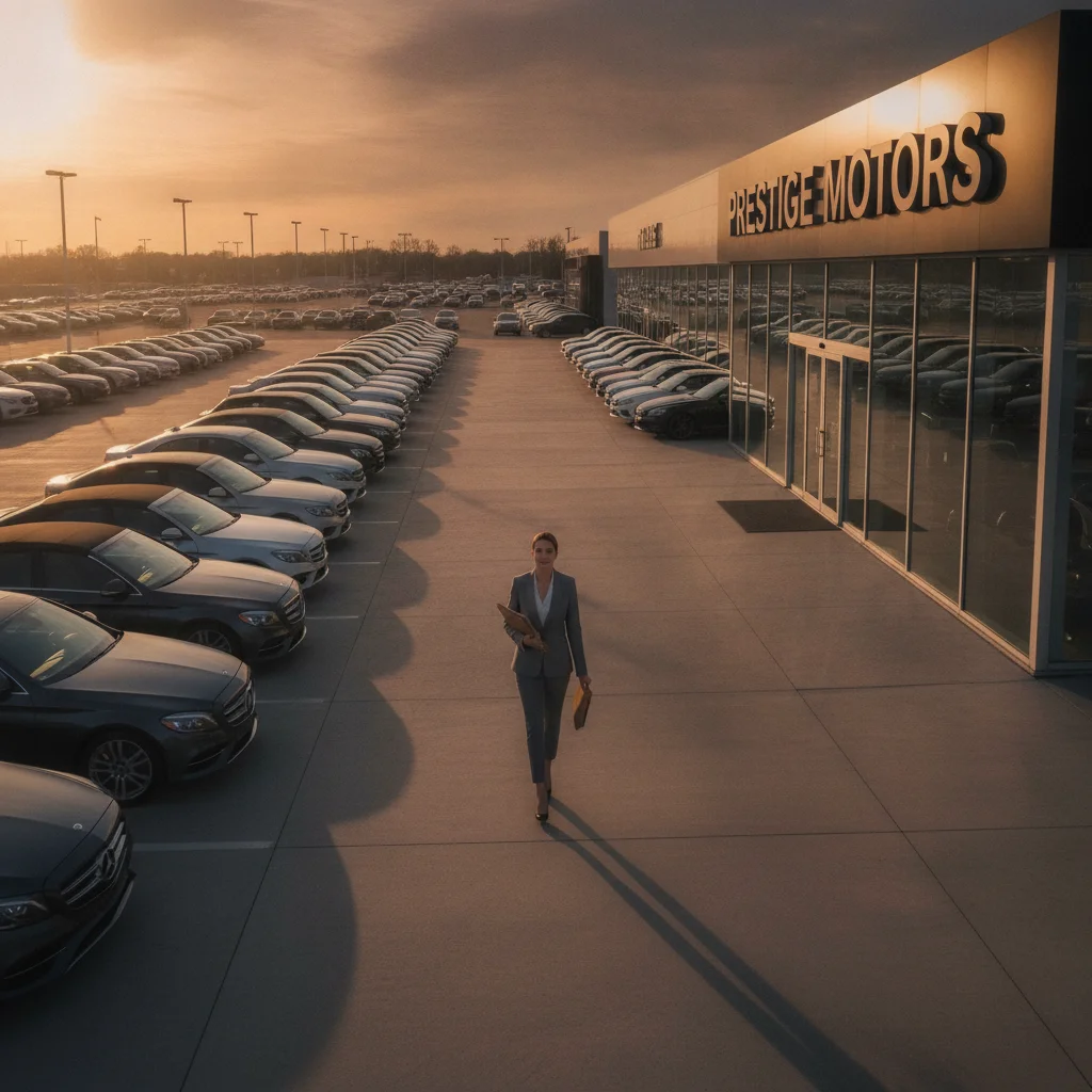 Car buyer walking confidently toward dealership entrance holding financial documents at golden hour