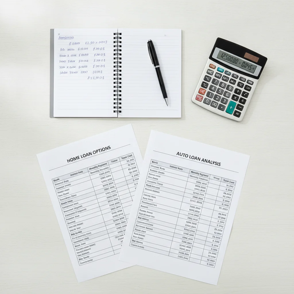 Loan comparison documents and a calculator on a desk, showing side-by-side APR and payment figures