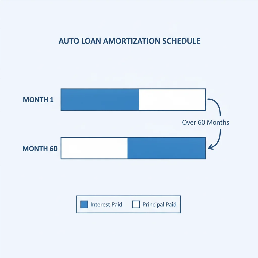 Amortization chart showing interest versus principal payments shifting over a 60-month auto loan