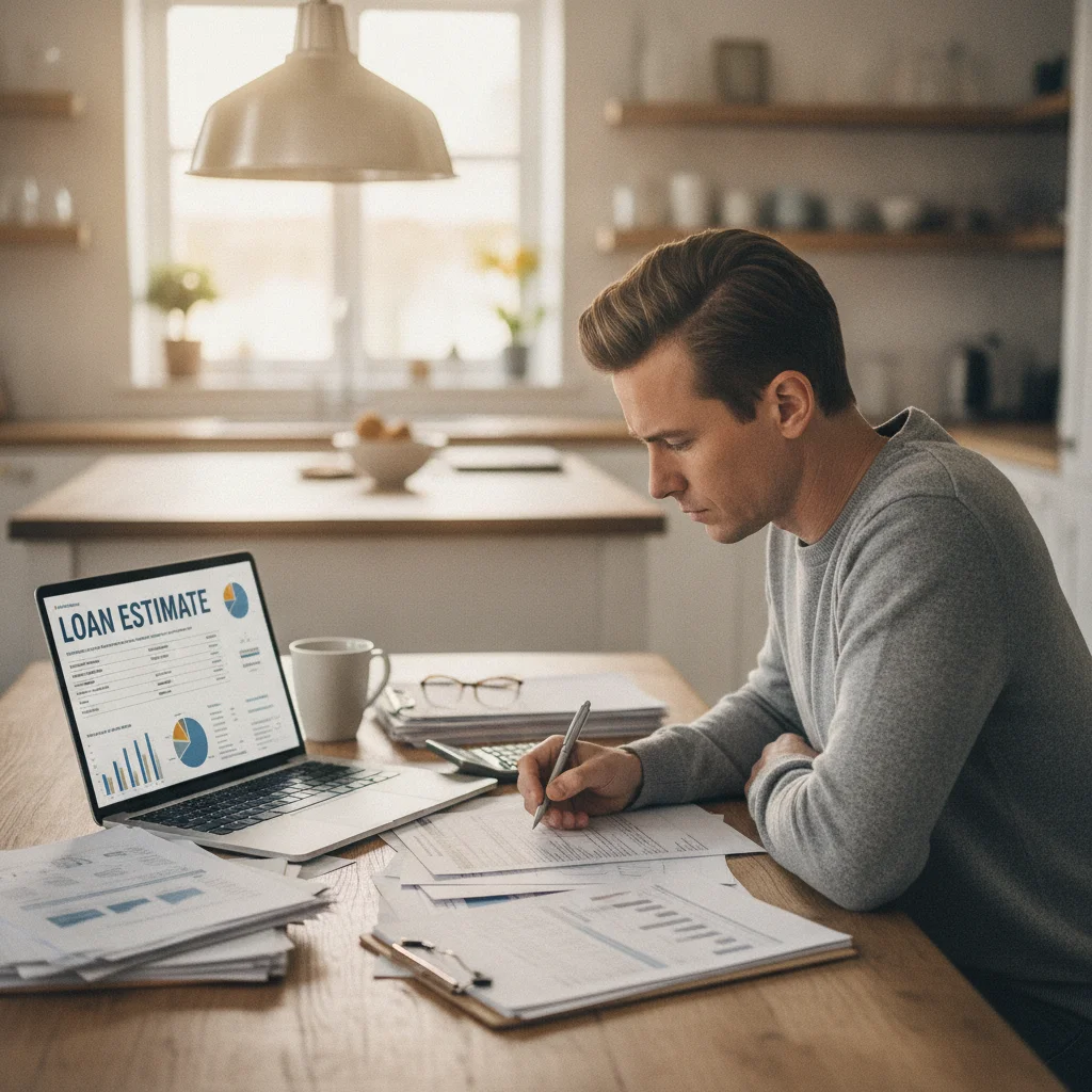 Person reviewing loan estimate documents on a laptop at a home office desk.