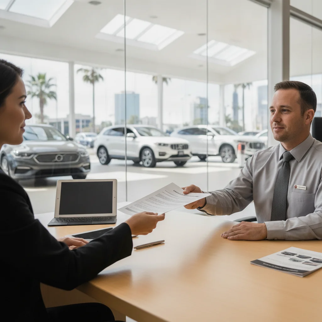Car buyer presenting a preapproval letter to a dealership finance manager at a desk.