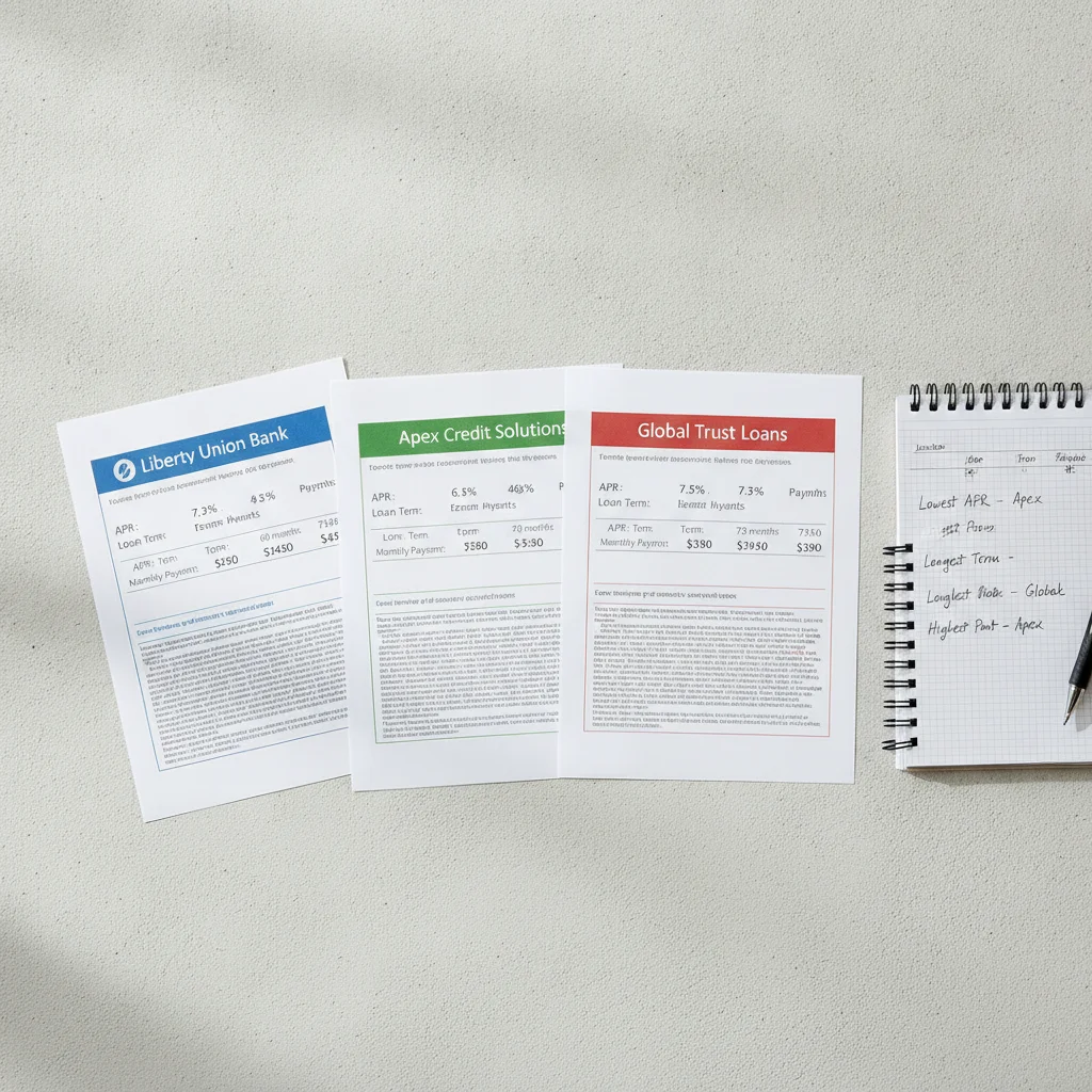 Three loan preapproval offers from different lenders compared side by side on a table.