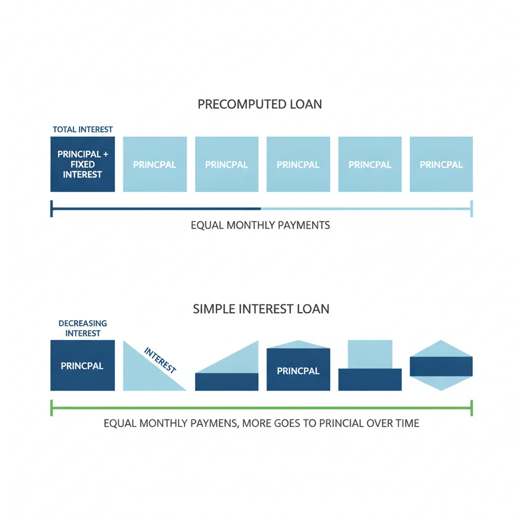 Diagram comparing precomputed and simple interest loan payment timelines side by side