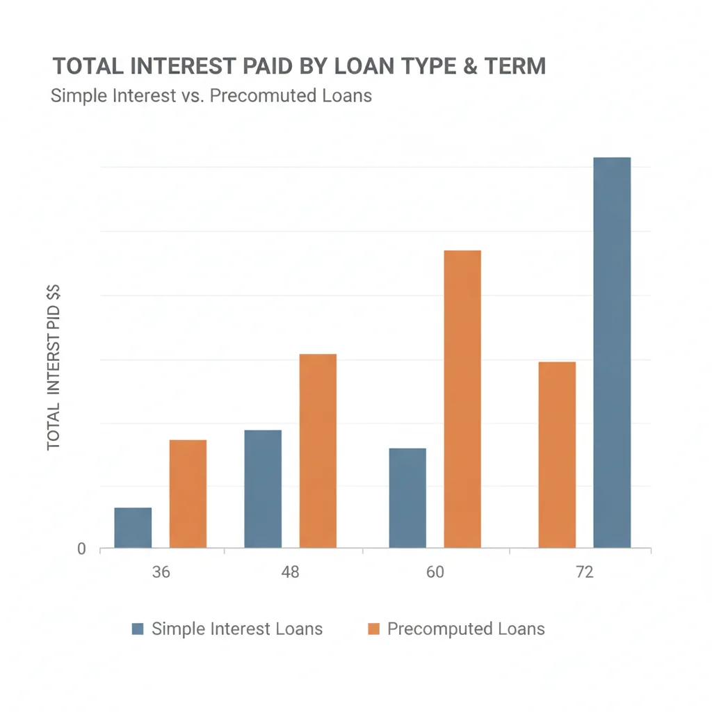 Bar chart comparing total interest paid across different loan terms for simple and precomputed interest loans