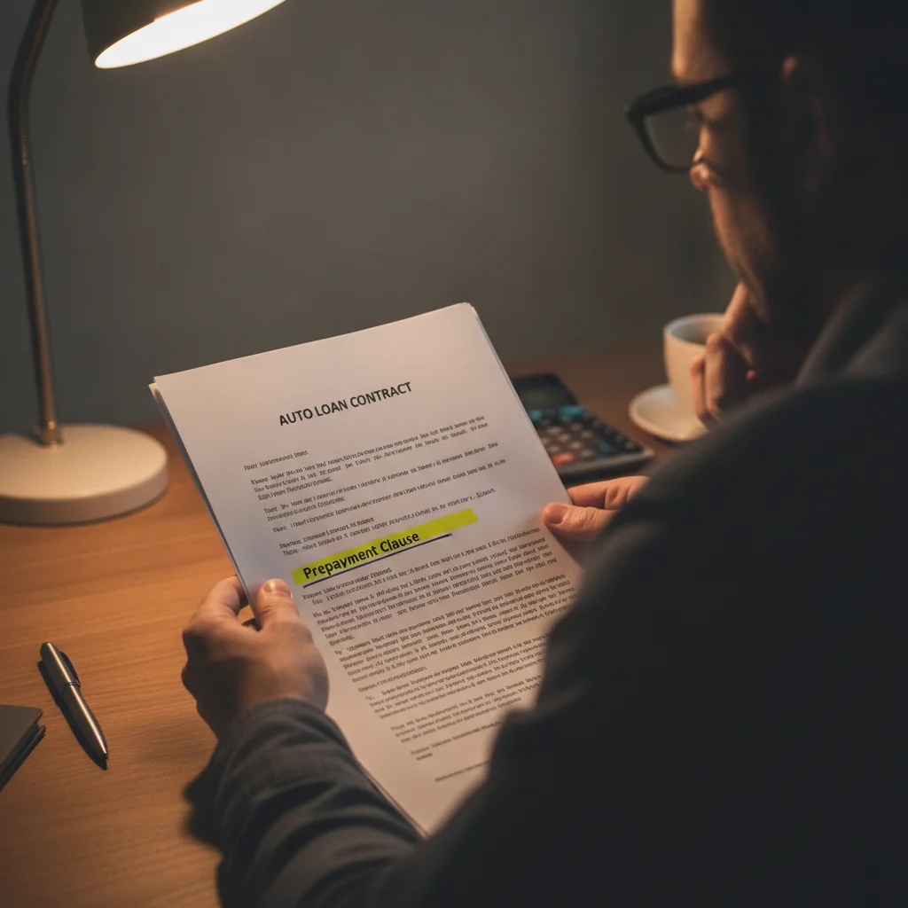 Person highlighting the prepayment clause in an auto loan contract document