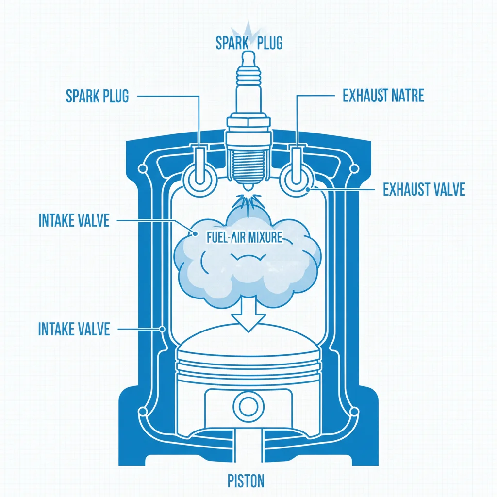 Illustrated cross-section of a car engine cylinder showing spark plug ignition and piston compression