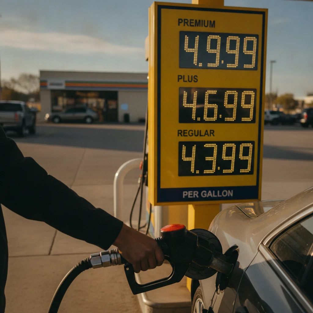 Driver holding a fuel pump nozzle at a gas station with price display showing multiple fuel grades