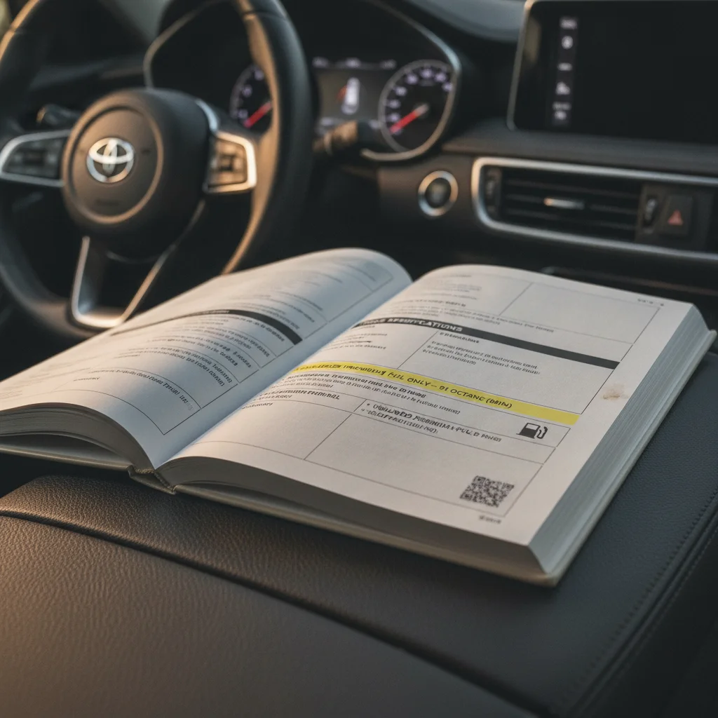 Car owner's manual open to fuel specification page resting on a vehicle dashboard