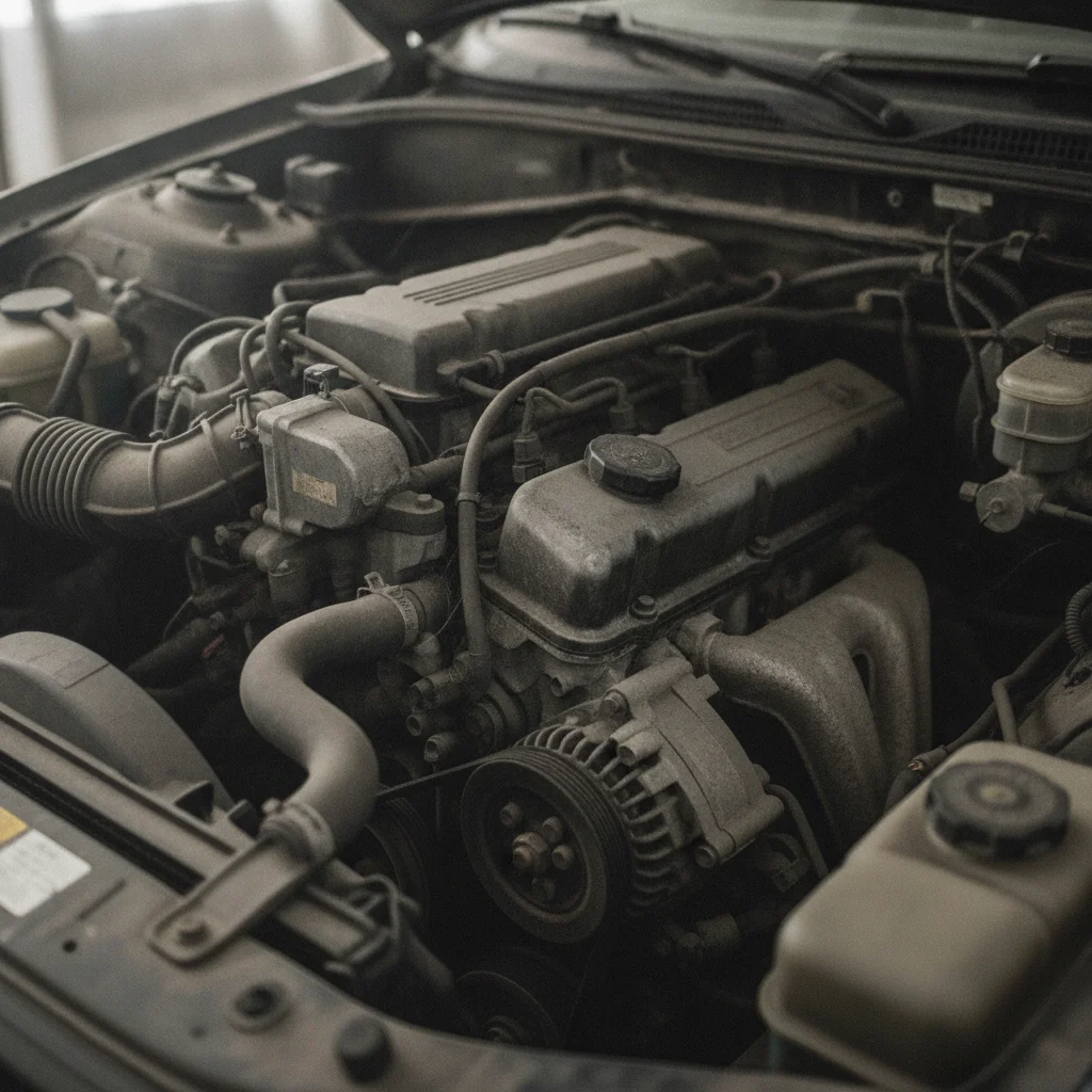 Dusty car engine bay showing accumulated grime after months of sitting unused in storage