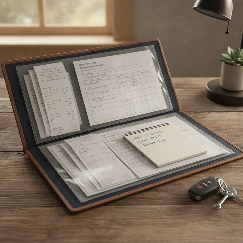 Organized folder of car service receipts and documentation placed next to vehicle keys on a table