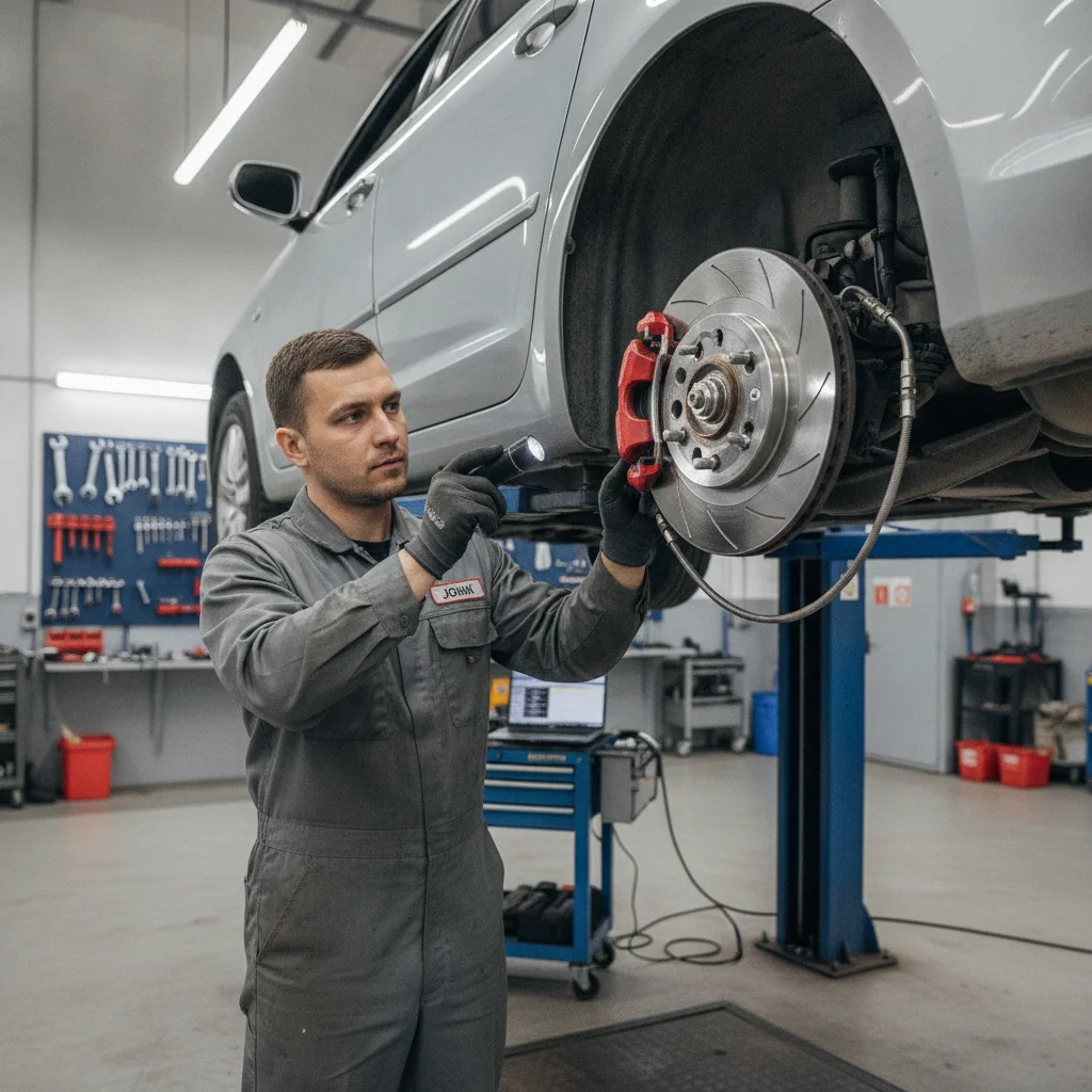 Mechanic inspecting brake components on a vehicle raised on a lift inside a professional auto shop