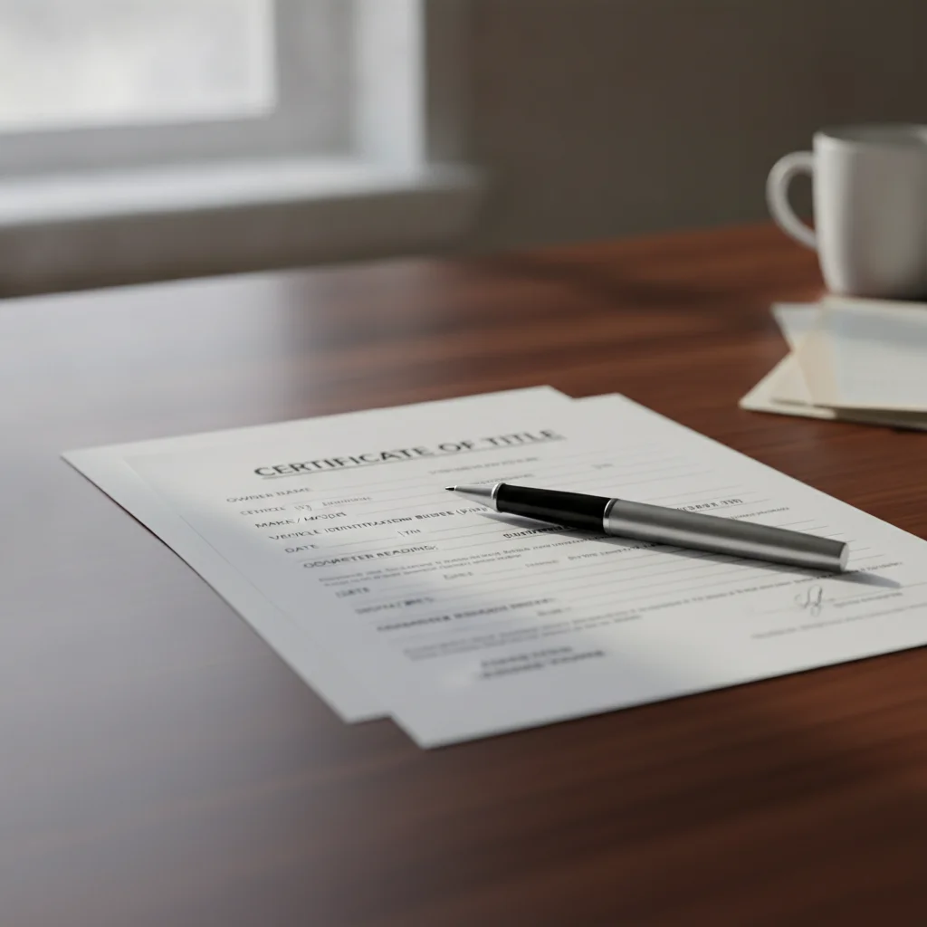 Vehicle title and odometer disclosure form laid out on a desk with a pen ready to sign
