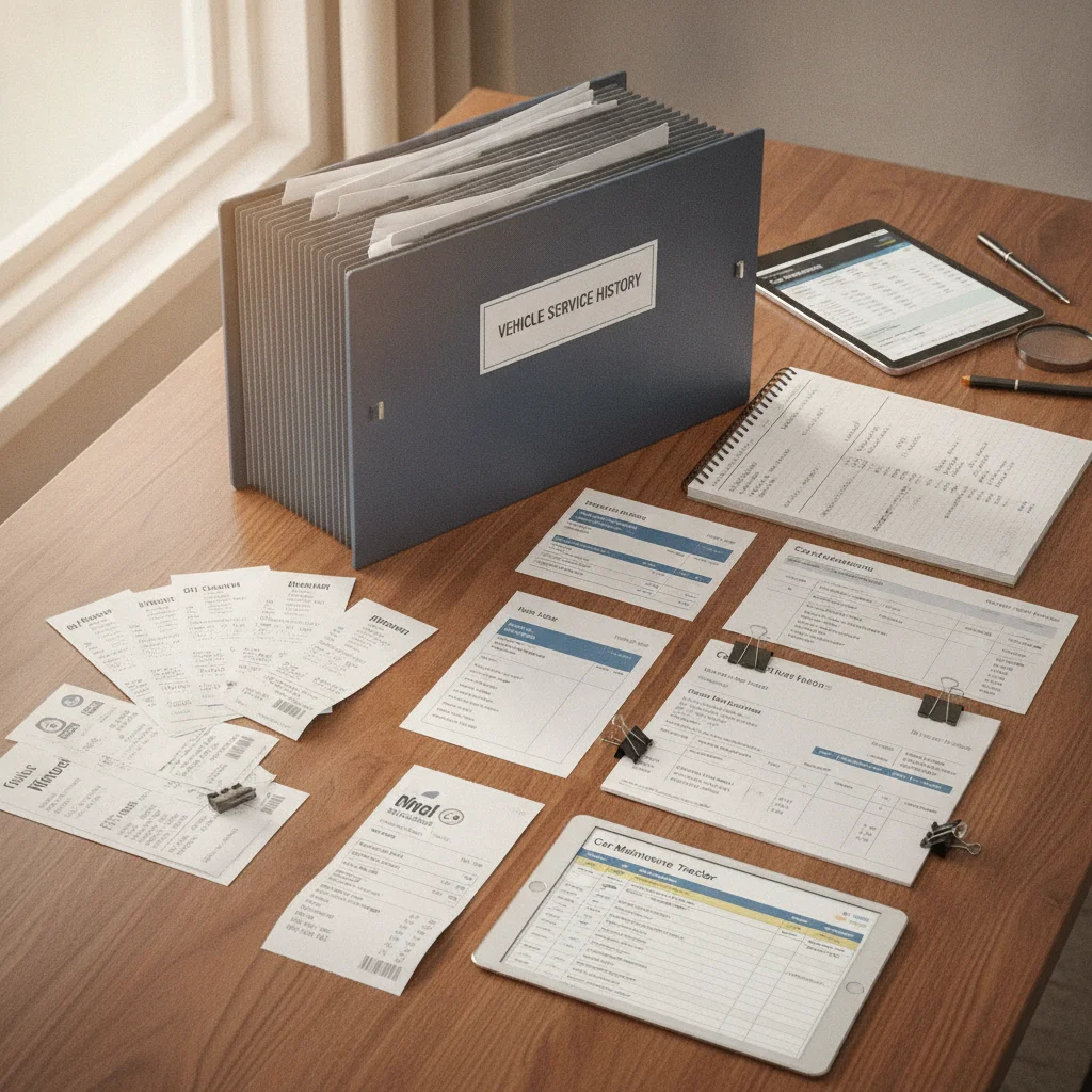 Organized car service records and maintenance receipts spread out on a table for a vehicle sale