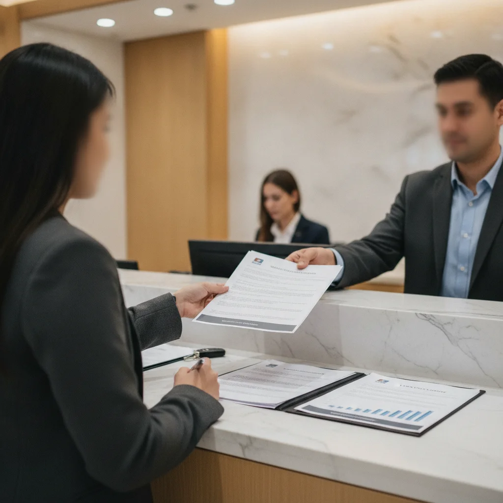 Two people exchanging vehicle paperwork and funds at a bank counter during a private car sale