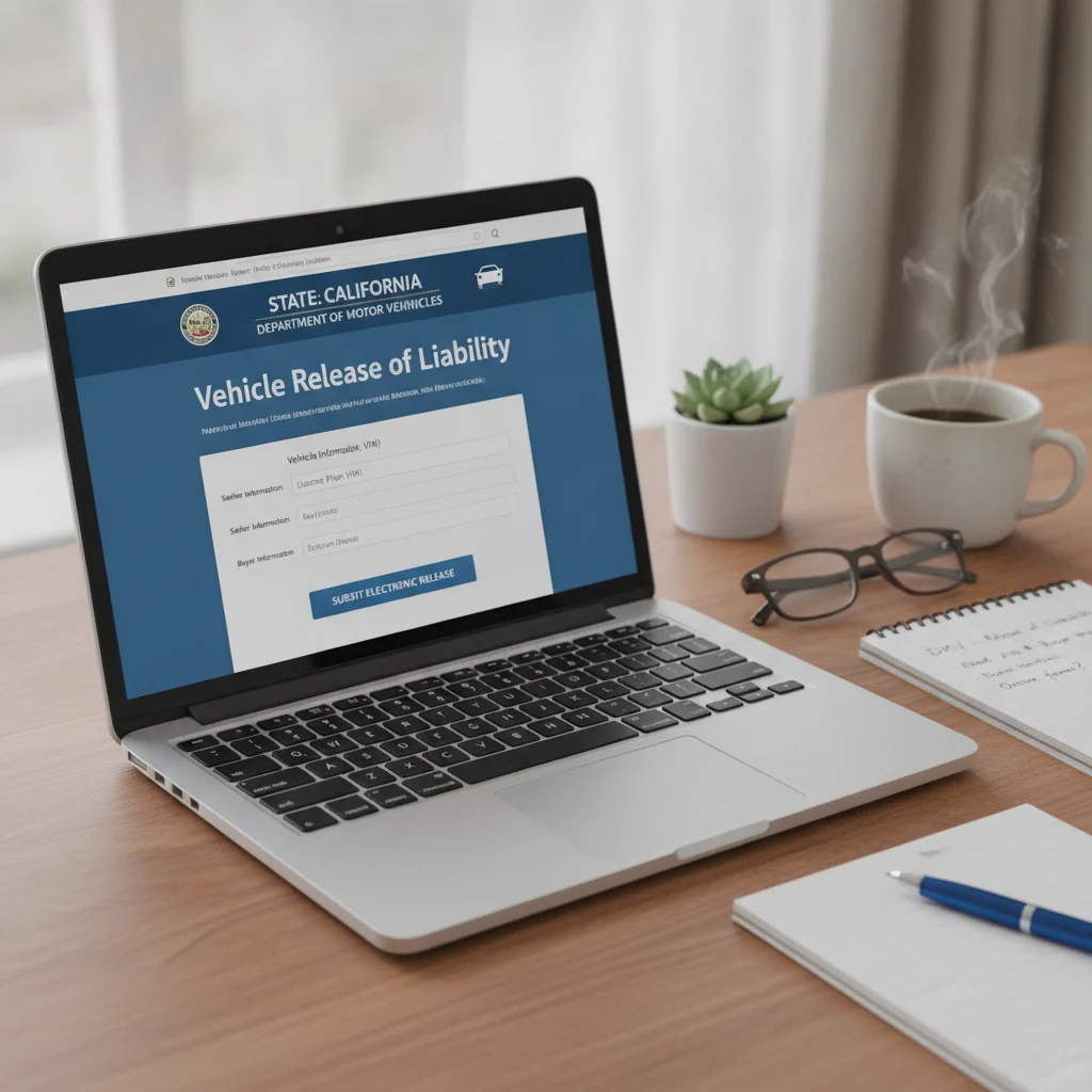 Laptop displaying a state DMV release of liability form for a vehicle sale transaction