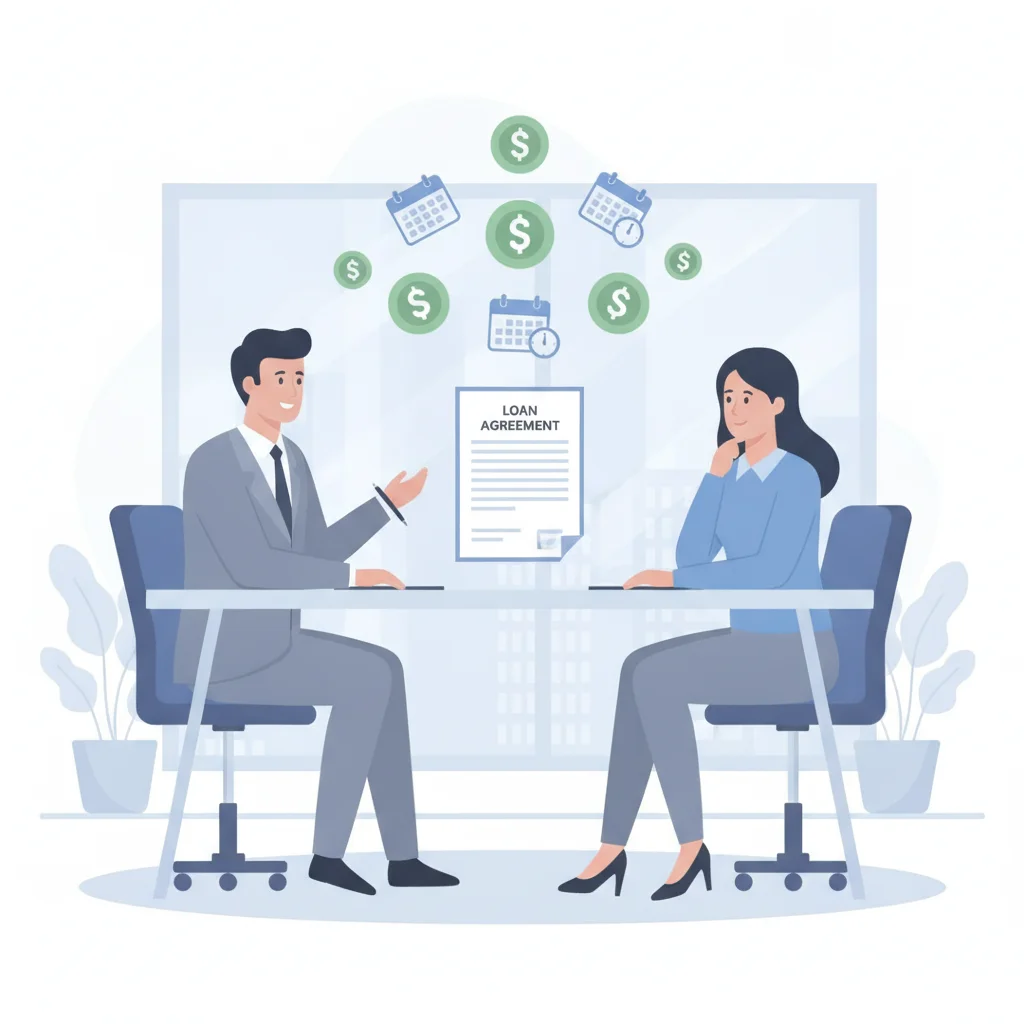 Lender and borrower at a desk with loan document, representing interest income expectations over loan term