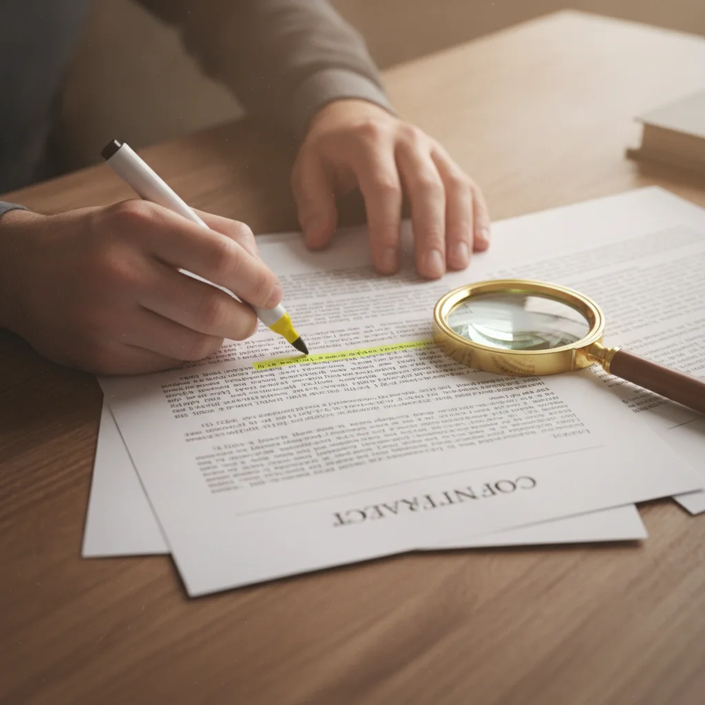 Hands highlighting loan contract text with a yellow marker and magnifying glass on a desk