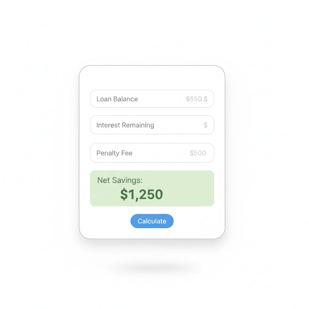Digital loan payoff calculator showing remaining interest, prepayment penalty, and net savings calculation