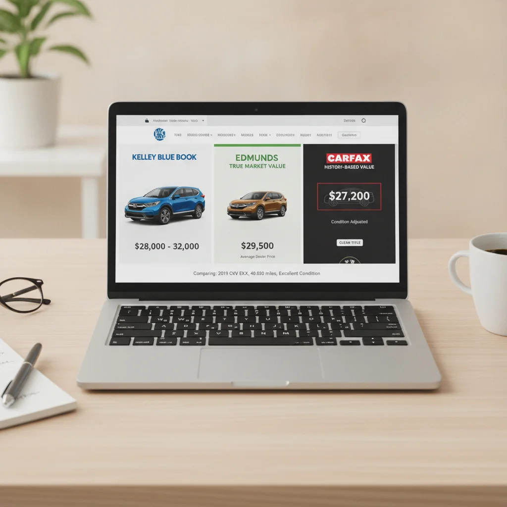 Laptop screen showing three different car valuation tool estimates side by side for comparison