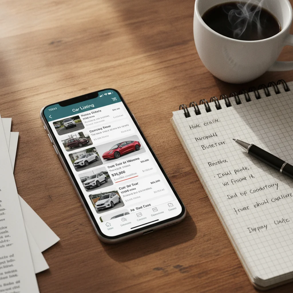 Smartphone showing used car listings on a marketplace app with a notepad nearby for research notes