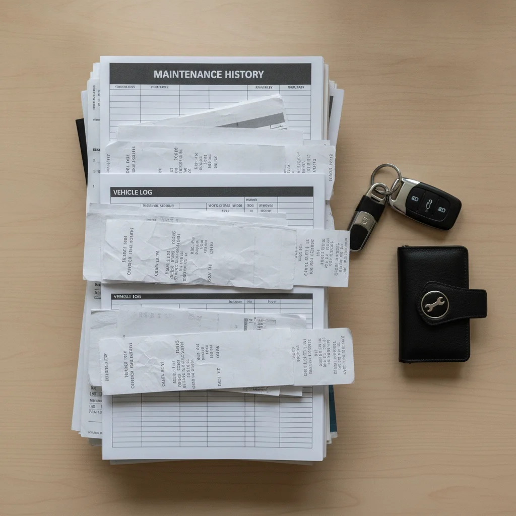 Stack of vehicle service records and maintenance receipts next to car keys on a table