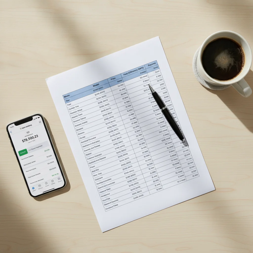 Flat-lay of a car budget spreadsheet, smartphone with banking app, and pen on a desk.